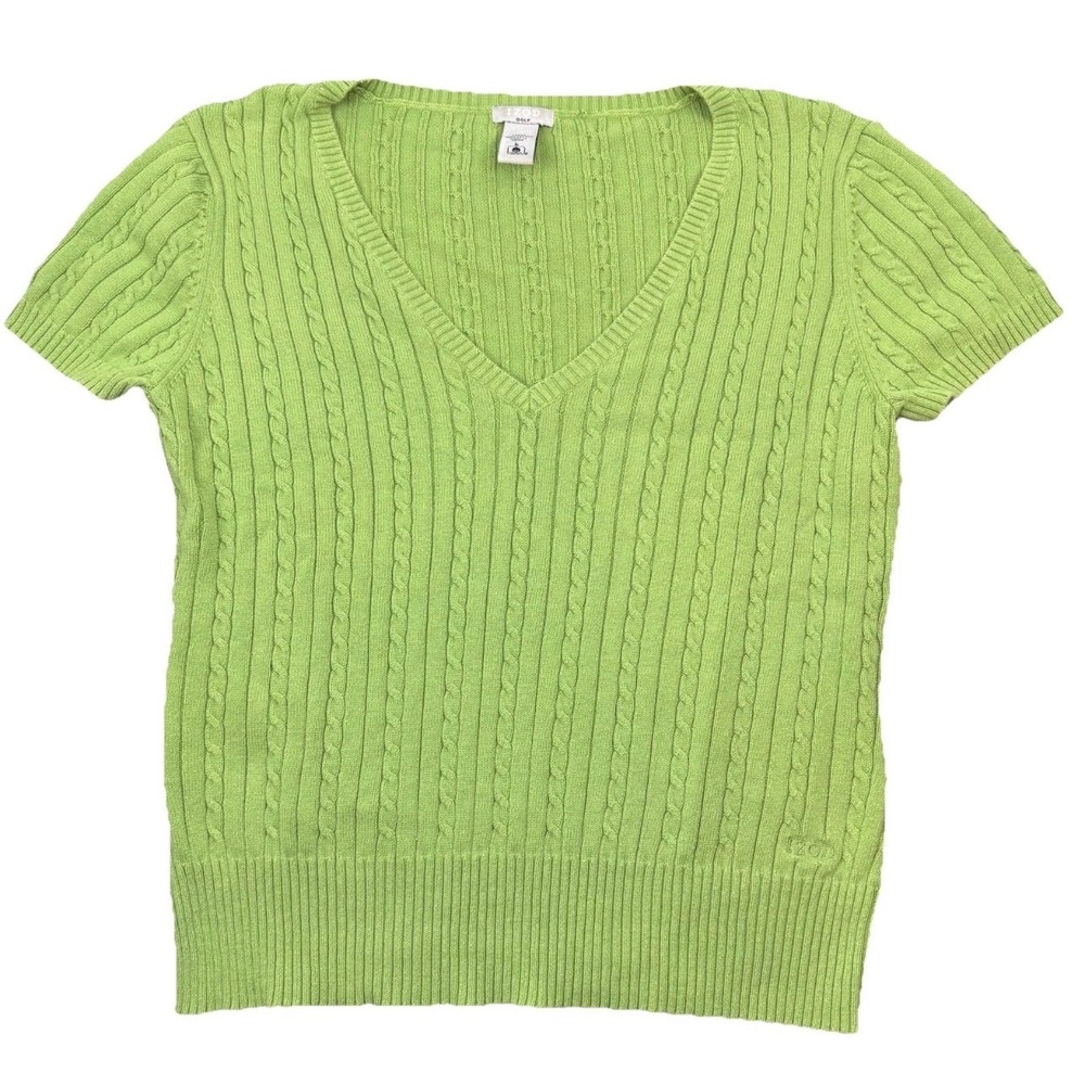IZOD Sweater Women Large Green Short Sleeve V-Neck Cable Knit Cotton Golf Top